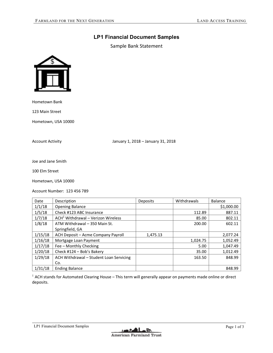 Public Hometown Bank sample statement with transaction rows and running balances.