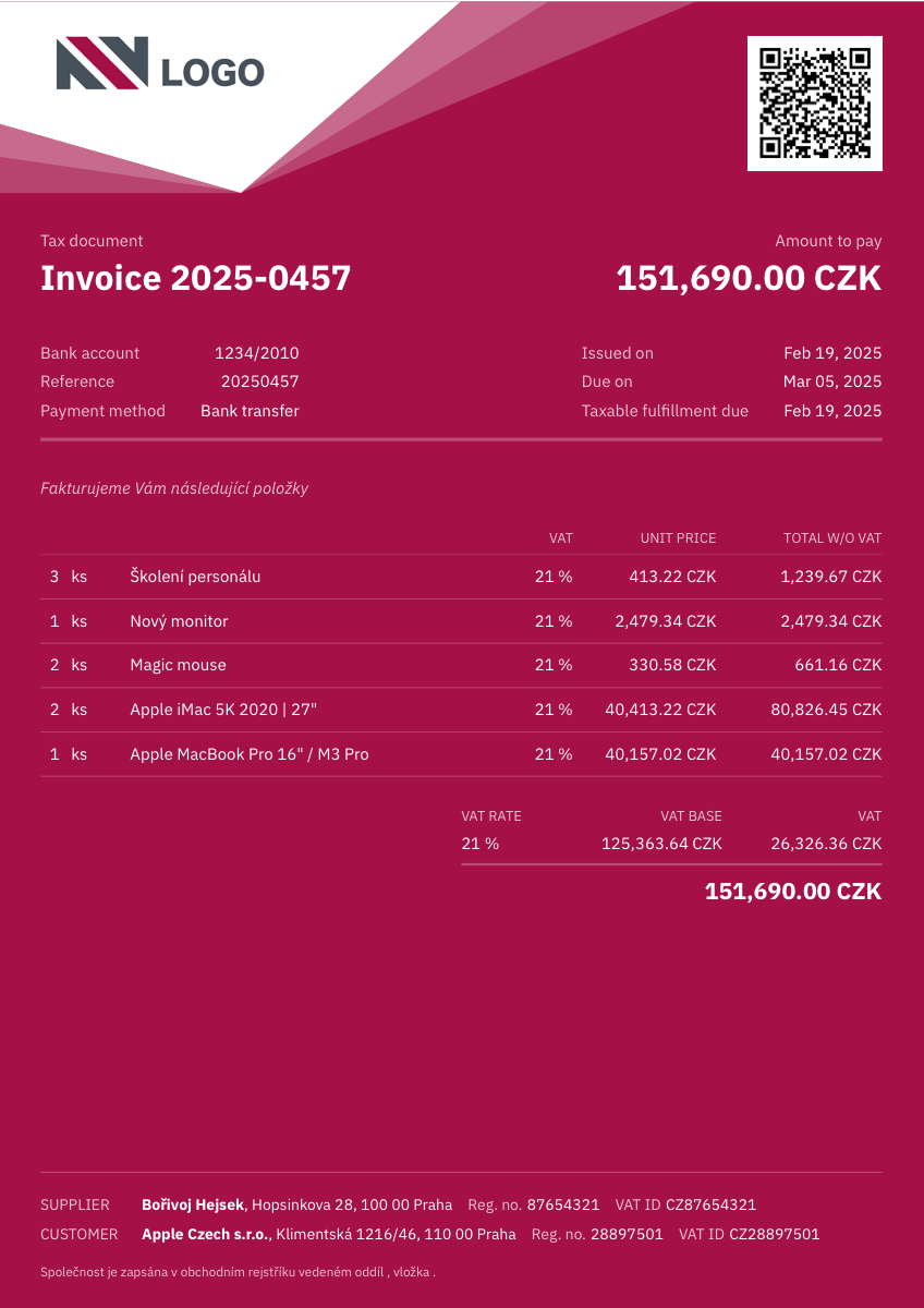 Public VAT invoice sample with payment details, tax fields, and itemized rows.