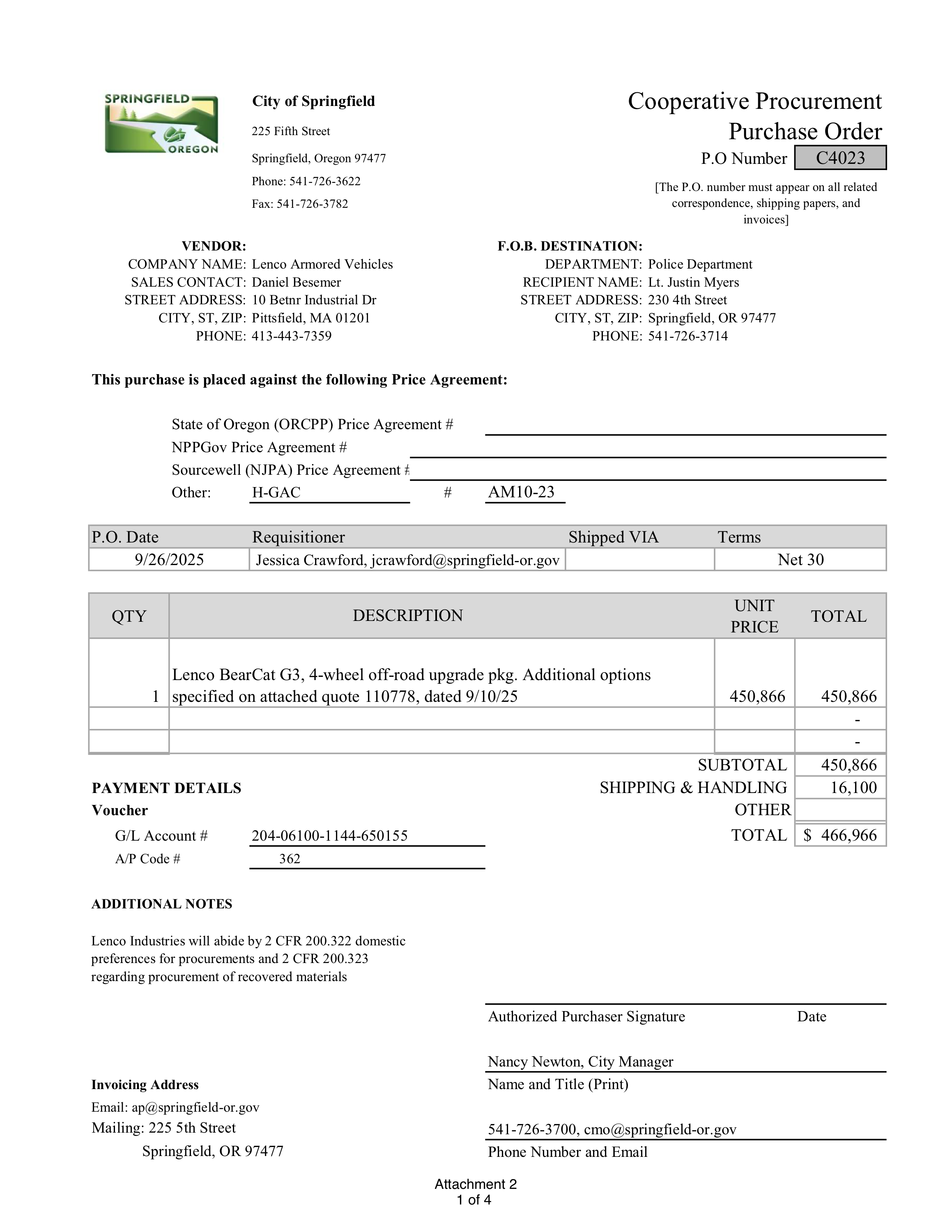 Purchase order cover page with vendor and buyer fields.